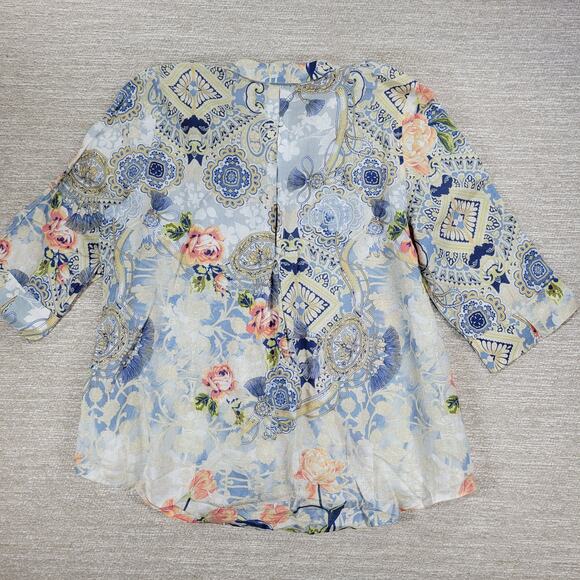 Chicos Tunic Top Womens 3 No-Iron Linen Floral Paisley Loop-Back Button Down - Picture 3 of 16